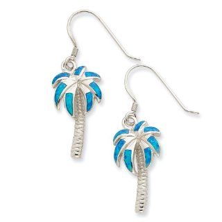 Sterling Silver Created Blue Opal Inlay Palm Tree Dangle Earrings: Jewelry