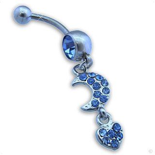 Piercing Navel Ring moon and heart zirkon blue #466, body jewellery Jewelry