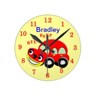 Cute Cartoon Car Personalized Name Round Wall Clocks