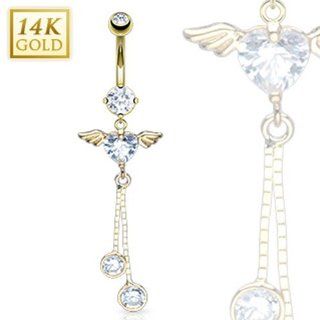 14 Karat Solid Yellow Gold Navel Belly Button Ring with Angel Wing Heart CZ Dangle   14GA 3/8" Long: West Coast Jewelry: Jewelry