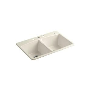 KOHLER Brookfield Top Mount Cast Iron 22x33x9.625 4 Hole Double Bowl Kitchen Sink in Almond 5846 4 47