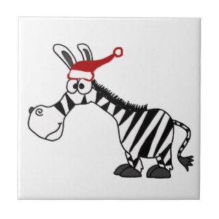Funny Zebra in Santa Hat Christmas Cartoon Tiles