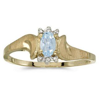 10k Yellow Gold Oval Aquamarine And Diamond Satin Finish Ring: Jewelry