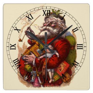 Vintage Christmas, Victorian Santa Claus Pipe Toys Square Wall Clocks