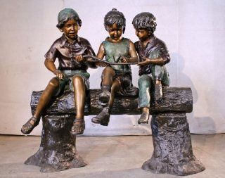 Children Sitting On A Log Solid American Bronze Monumental Size Statue Sculpture : Outdoor Statues : Patio, Lawn & Garden