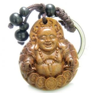 Amulet Sandal Wood Laughing Buddha Sitting on Lucky Coins Feng Shui Keychain Jewelry