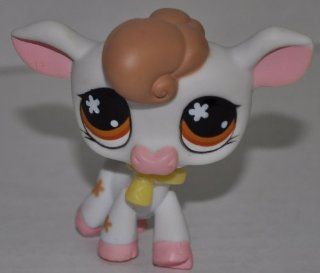 Cow #476 (White, Brown Hair, Brown Flowers on Body, Orange Eyes) Littlest Pet Shop (Retired) Collector Toy   LPS Collectible Replacement Single Figure   Loose (OOP Out of Package & Print): Everything Else