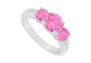 10K White Gold Created Pink Sapphire Three Stone Ring 1.00 CT TGW: LOVEBRIGHT: Jewelry