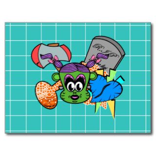 Frankenstein monkey girl in green on blue tile postcard