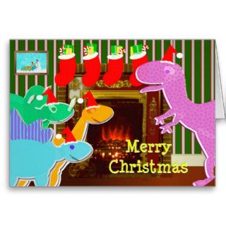 Cute Cartoon Dinosaurs Fireplace Christmas Card