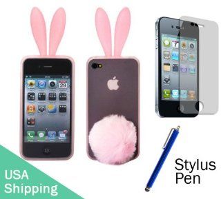 Stylus Pen + Pink Bunny Rabbit for iPhone 4 Apple Case Cover Skin + Screen Protector and cleaning cloth: Cell Phones & Accessories