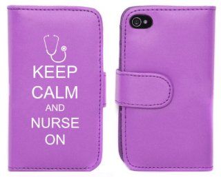 Purple Apple iPhone 5 5S 5LP508 Leather Wallet Case Cover Keep Calm and Nurse On Stethoscope Cell Phones & Accessories