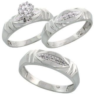 10k White Gold Trio Engagement Wedding Ring Set for Him and Her 3 piece 6 mm & 5 mm wide 0.09 cttw Brilliant Cut, ladies sizes 5   10, mens sizes 8   14: Wedding Bands: Jewelry