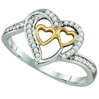 0.12 Carat (ctw) 10K White & Yellow Gold White Diamond Ladies Two Tone Three Hearts Promise Ring Jewelry