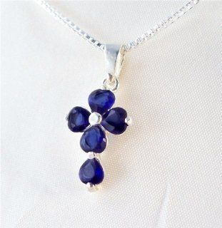 Birthstone September Sapphire Blue Crystal Hearts Sterling Cross Necklace, 16" Jewelry