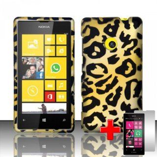 Nokia Lumia 521 (T Mobile) 2 Piece Snap on Rubberized Image Case Cover, Black/Yellow Cheetah Spot Pattern + LCD Clear Screen Saver Protector Cell Phones & Accessories