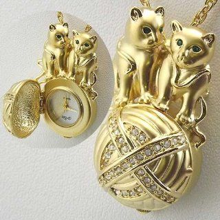 ALTO Ladies' Gold tone Crystal Cat Pendant / Broach Locket Watch with Gold tone Chain. Model: J39596: Watches