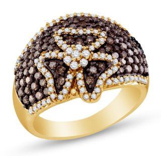 10K Yellow Gold Channel Set Round Brilliant Cut Chocolate Brown and White Diamond Ladies Womens Fashion, Wedding Ring OR Anniversary Band (1.55 cttw.): Jewelry