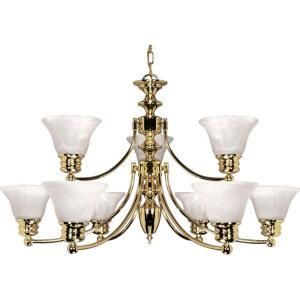 Glomar Empire 9 Light Polished Brass 2 Tier Chandelier with Alabaster Glass Bell Shades HD 361