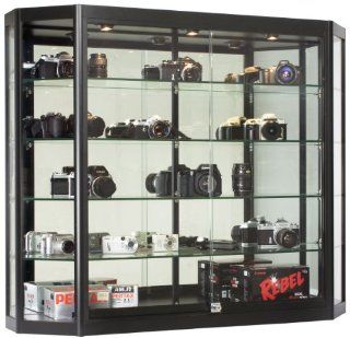 Wall Mounted Tempered Glass And Black Aluminum Display Case Has Angled Front Design, 47 1/4 x 39 1/2 x 12 Inch, 3 Halogen Top Lights, And Locking Glass Doors   Sports Related Display Cases