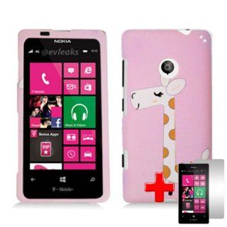 Nokia Lumia 521 (T Mobile) 2 Piece Snap On Rubberized Hard Plastic Case Cover, Spotted Giraffe Pink Cover + LCD Clear Screen Saver Protector: Cell Phones & Accessories