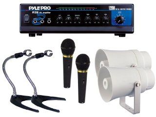Pyle Complete Amplifier/Microphone/Stand/Speaker Package for Home/Office/Schools/Public    PT210 120W Microphone PA Mono Amplifier With 70 Volt Output + Pair of PPMIK Dynamic Microphone + Pair of PMKS8 U Base Gooseneck Desktop Microphone Stand + Pair of PH