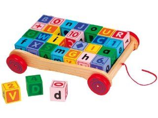 FIRST LEARNING WOODEN PULL ALONG ALPHABET & MATHS BLOCK WAGON, 28 BLOCKS: Toys & Games