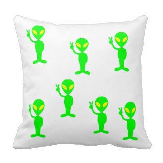 Greenie Alien Pillow giving the peace sign