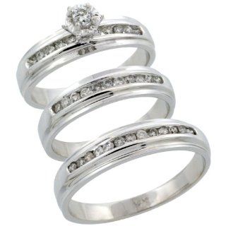 14k White Gold 3 Piece Trio His (5mm) & Hers (5mm) Diamond Wedding Ring Band Set w/ 0.57 Carat Brilliant Cut Diamonds; (Ladies Size 5 to10; Men's Size 8 to 14): Jewelry