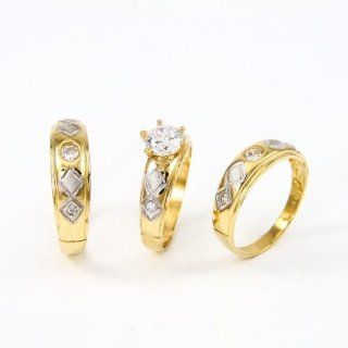 14k Two Tone Gold His And Hers Engagement Wedding Trio CZ Rings Set   Style 7: His N Her Engagement Rings: Jewelry
