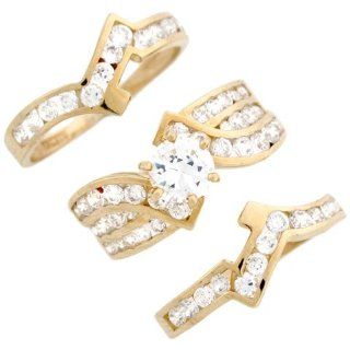 14k Yellow Gold Fancy Round CZ Stackable Engagement Bridal Ring Set: Jewelry