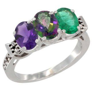 14K White Gold Natural Amethyst, Mystic Topaz & Emerald Ring 3 Stone 7x5 mm Oval Diamond Accent, sizes 5   10: Jewelry