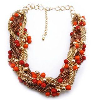 Ladies Chunky Statement Ball Beads Metal Mesh Braided Chain Collar Necklace(WP 561) Jewelry