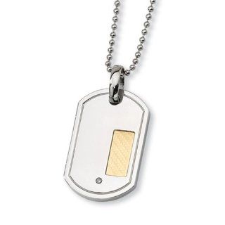 Stainless Steel, 18 Karat Gold and Diamond Accent Dog Tag Necklace: Jewelry
