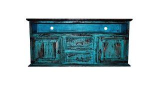 2 Door 2 Drawer TV STAND Turquoise Scraped Western Rustic Flat Screen Console   Television Stands