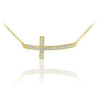 14k Yellow Gold Catholic Sideways Cross Necklace with Curved Horizontal Pendant (22 Inches): Jewelry