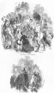 SOCIETY: Skimmington parade; Knight led from stocks, antique print, 1845  