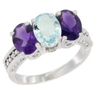 14K White Gold Natural Aquamarine & Amethyst Ring 3 Stone 7x5 mm Oval Diamond Accent, sizes 5   10: Jewelry