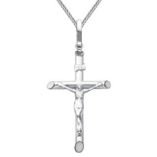 14K White Gold Crucifix Cross Charm Pendant with White Gold 0.8mm Braided Square Wheat Chain Necklace with Lobster Claw Clasp   16" Inches   Pendant Necklace Combination: The World Jewelry Center: Jewelry