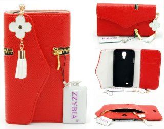 ZZYBIA S4 ZF Leatherette Case with Flower Charm Card Holder Wallet + Screen Cleaning Pad for Samsung Galaxy S4 IV I9500 I9505 Ship From Hong Kong (Red) Cell Phones & Accessories
