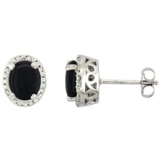 10K White Gold Diamond Natural Black Onyx Earrings Oval 7x5 mm: Jewelry