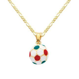 14K Yellow Gold Small Soccer Ball Enamel Charm Pendant with Yellow Gold 1.6mm Figaro Chain Necklace with Spring Clasp   Pendant Necklace Combination (Different Chain Lengths Available): Goldenmine: Jewelry
