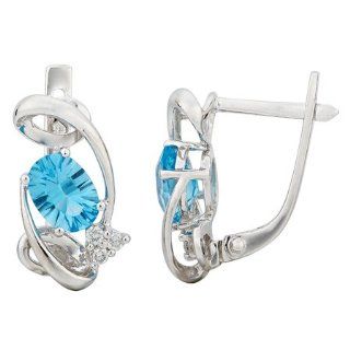 14k White Gold 1.78ct Sparking Cool Diamond & Oval Blue Topaz Huggie Earrings: Jewelry