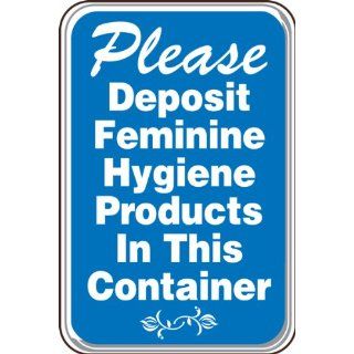 Accuform Signs PAR581 Deco Shield Acrylic Plastic Architectural Style Sign, Legend "Please Deposit Feminine Hygiene Products In This Container" with Step Radius Edges, 6" Width x 9" Length x 0.135" Thickness, White on Blue: Industr