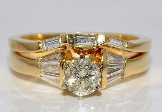 Diamond Ladies Wedding Set Baguette and Center Round Diamond 1ct 14k Yellow Gold Jewelry