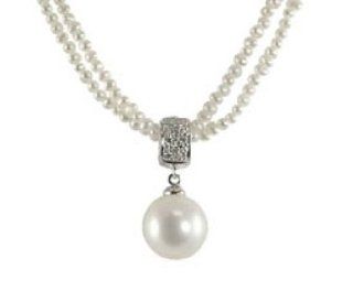 14k white gold 9 10mm freshwater cultured pearl and diamond (.09ctw) pendant on 18" seed pearl necklace.: Jewelry