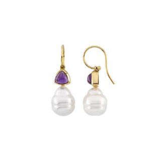 14K Yellow Gold   South Sea Cultured Circle Pearl & Genuine Amethyst Earrings: Jewelry