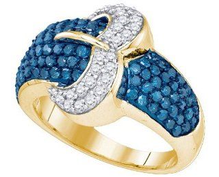 10k Yellow Gold Blue Colored White Diamond Womens Ladies Belt Buckle Fashion Band Ring   1.40 Ct.t.w.: Jewelry