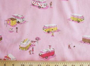 Rare Heather Ross VW Volkswagon Bus Lightning Bugs Pink Cotton Fabric Print by the yard (FP6491X 591)
