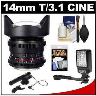 Samyang 14mm T/3.1 Cine Manual Focus Wide Angle Lens (for Video DSLR) with Microphone + LED Light & Bracket + Accessory Kit for Nikon D3100, D3200, D5100, D7000, D600, D800, D4 Digital SLR Cameras : Digital Slr Camera Lenses : Camera & Photo